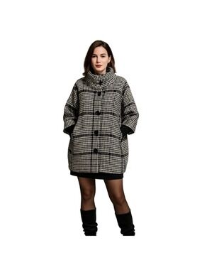 Wool Blend Houndstooth Plaid Coat Black White Oversized Cocoon Style M/L